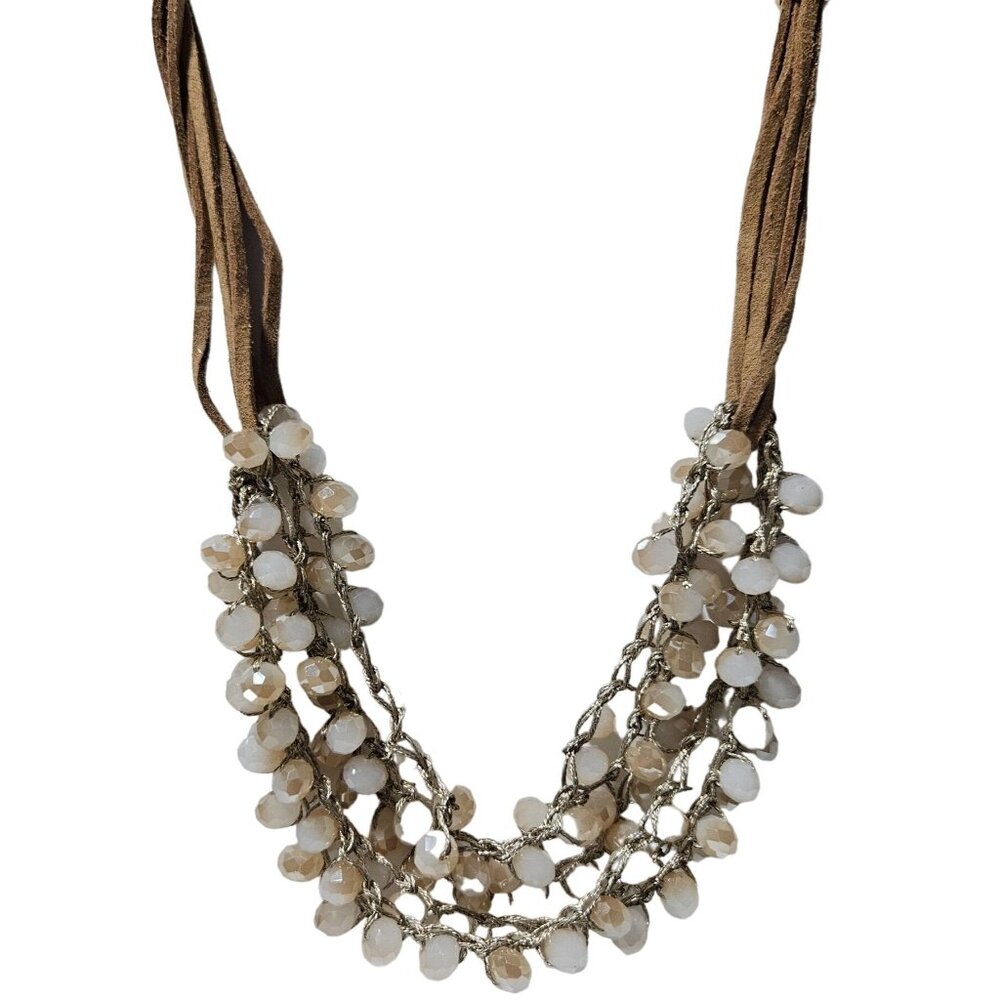 Boho Cluster Bead Multi Strand Chunky Necklace Suede Gold Tone Fashion Jewelry